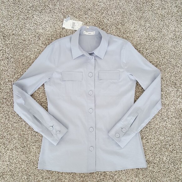 Mango Fitted Cotton Poplin Shirt Button Down Up Blue Office Work Business Casual - Picture 5 of 14